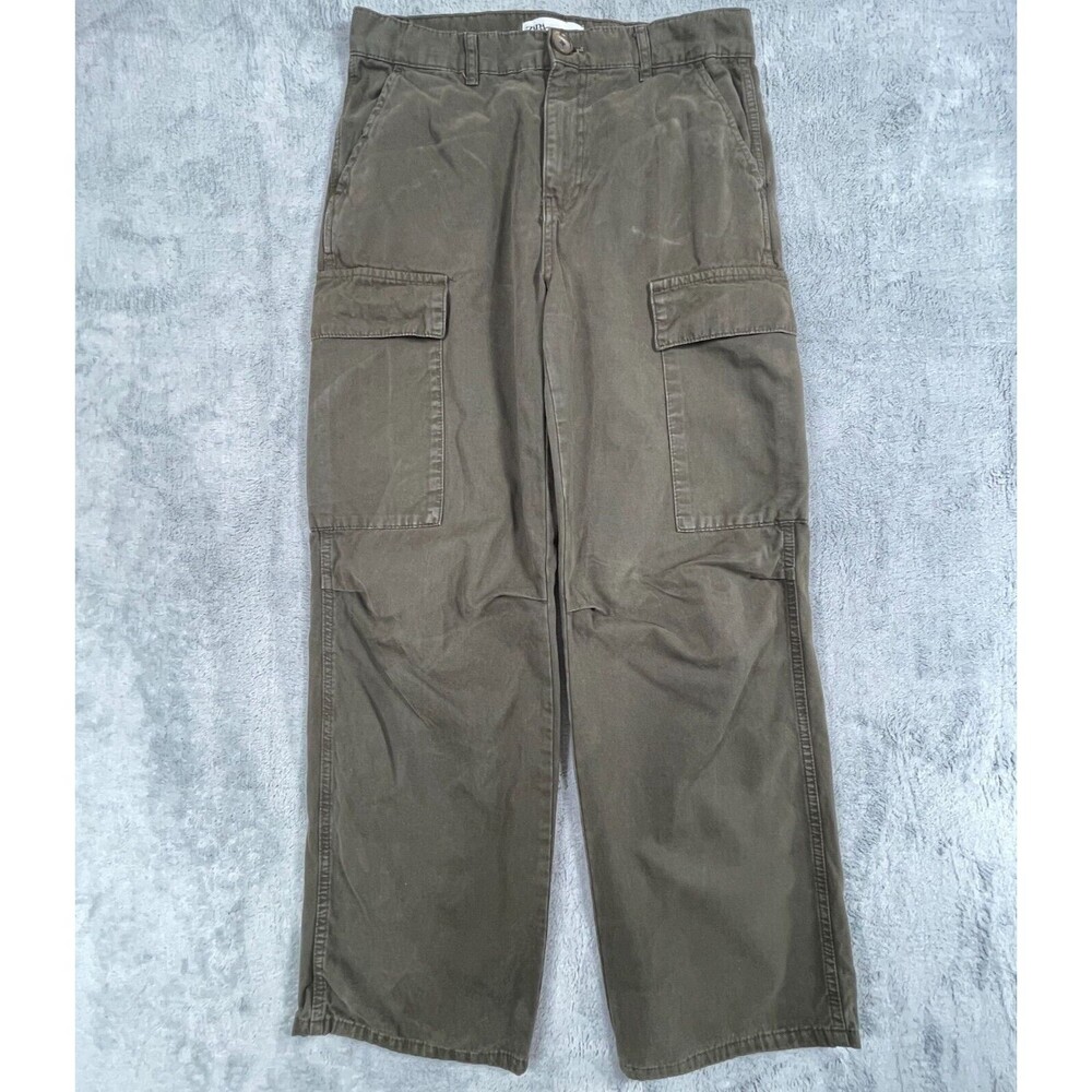 Zara Cargo Pants Women's 10 Olive Green High-Rise Pockets Straight Leg Zip Fly